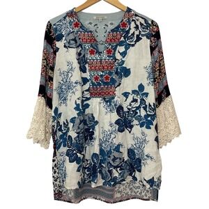 John Mark Linen Blend Floral Patchwork Embroidered Tunic Lace Bell Sleeve M Boho